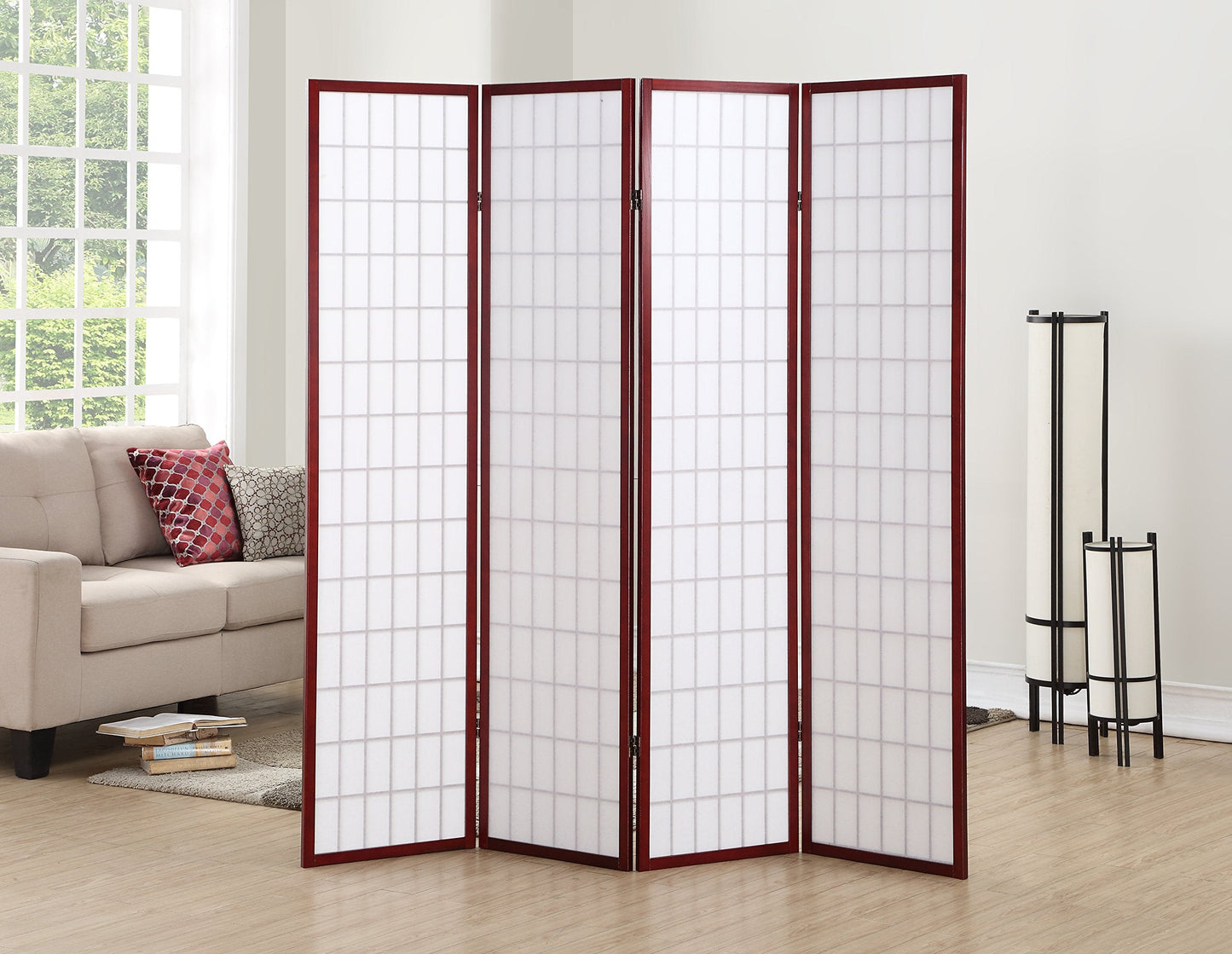 Roundhill Furniture Oriental Shoji 4 Panel Screen Room Divider, Cherry