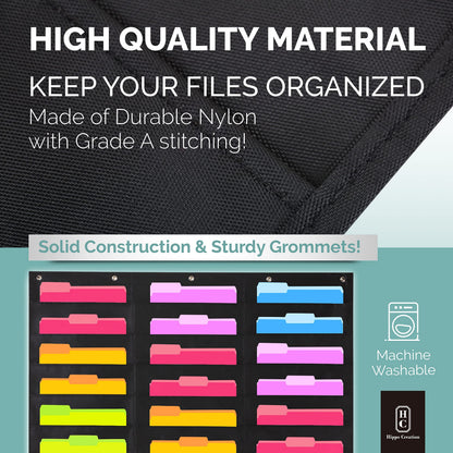 Hippo Creation Heavy Duty Storage Pocket Chart for Classroom, 30 Pocket Storage Organizer with 5 Over-Door Hangers, Hanging Wall Organizer for File Folders, School Mailbox, Home Office Papers - Black