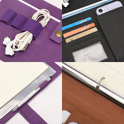 Wonderpool A4 PU Leather Portfolio Holder Ring File Document Case with Removable Binder Clipboard, Multi Pocket and Legal Pad for Business Organizer Interview and Meeting (Brown)