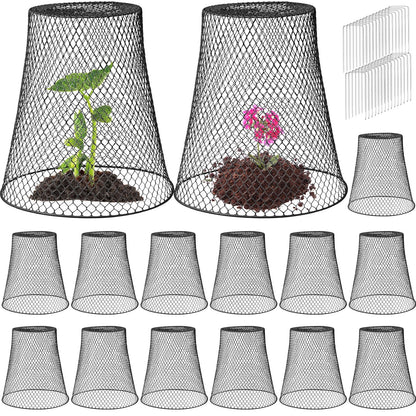 Therwen 15 Pcs Large Plant Wire Cloche 11 x 12 Inch Metal Garden Cloche with Garden Stakes Plant Protector from Animals for Keeping Bunnies Chicken Squirrels Birds (Black)