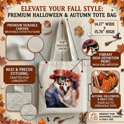Fall Halloween Tote Bags 2Pcs, Cotton Blend Canvas Tote with Pumpkin Ghost Witch Prints, Reusable Shoulder Bags for Thanksgiving Party Trick or Treat Gift (ghostly lovers)