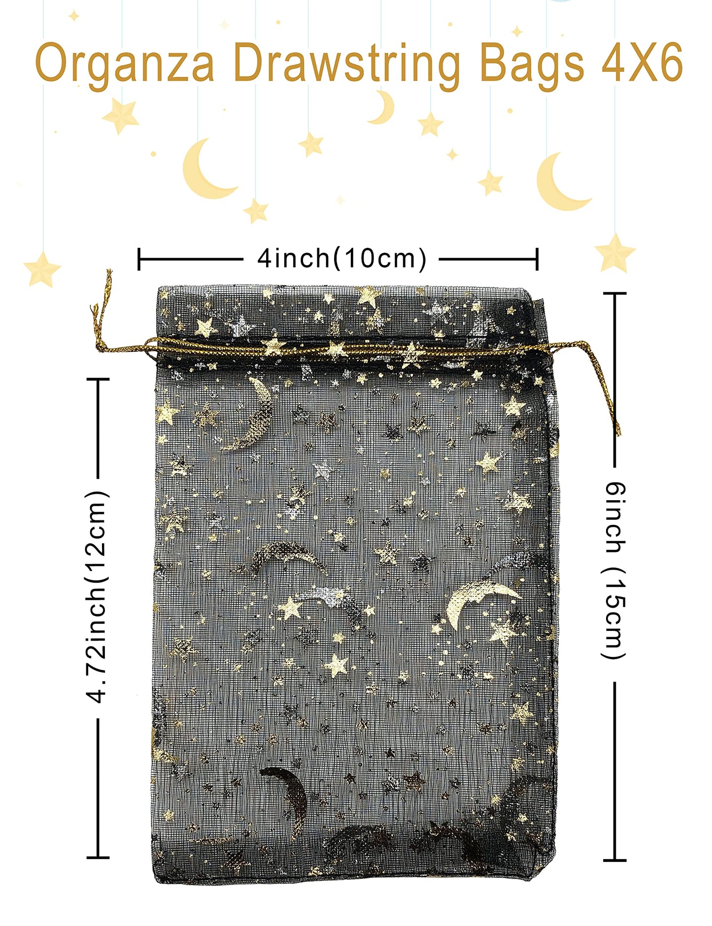 Jexila 100PCS Black Organza Gift Bags 4X6 Small Mesh Bags Drawstring Jewelry Pouch Halloween Goodie Treat Bag Moon Star for Birthday Party Favor Candy Bag
