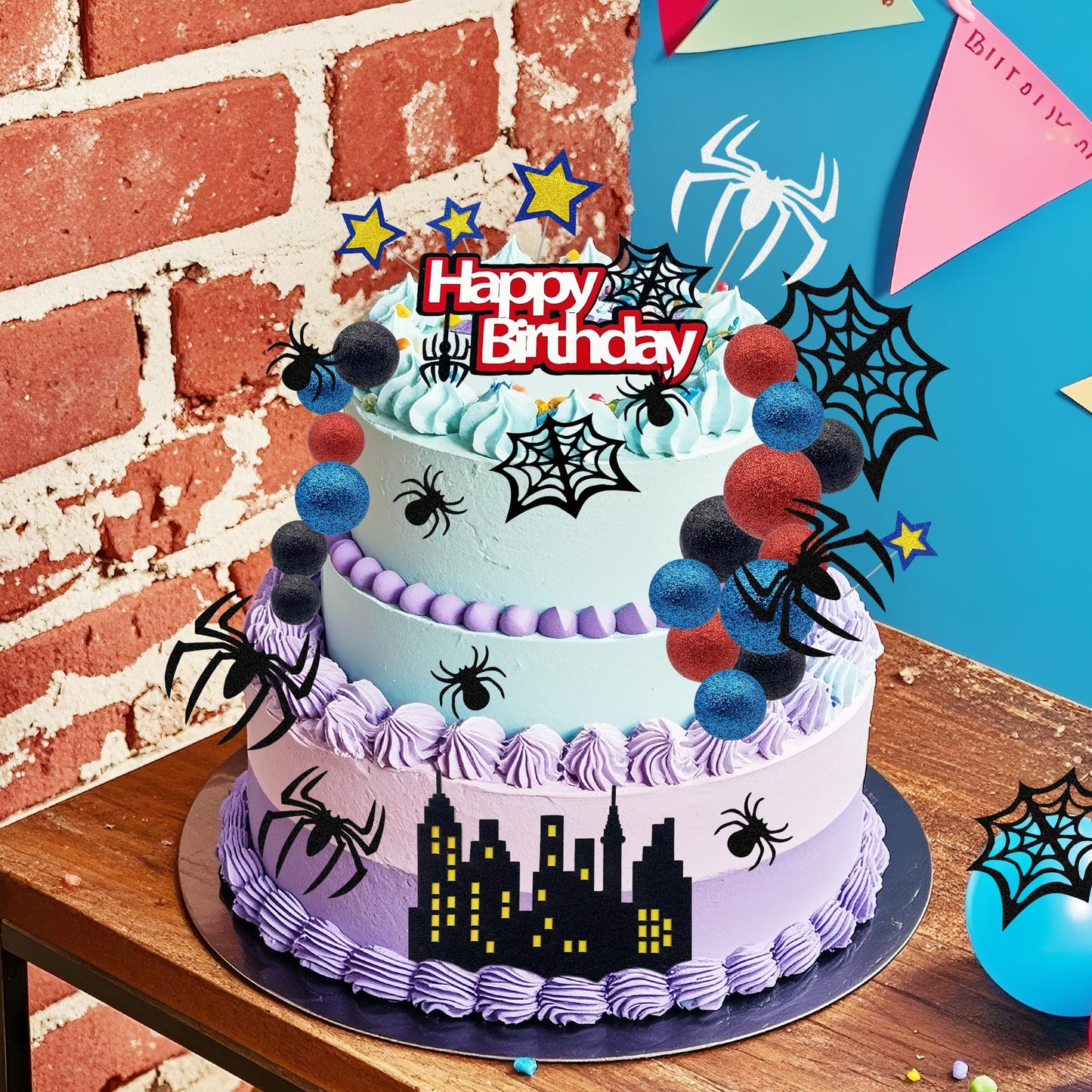 Firleayo 36pcs Spider Cake Topper Spider Web Cake Decoration Spider Themed Cake Decorations Glitter Red Blue Black Balls City Star Cupcake Topper for Boys Men Birthday Party Baby Shower Supplies