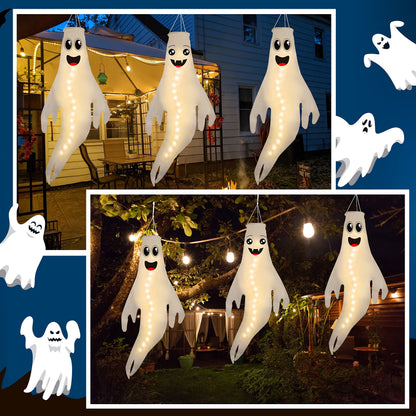 3PCS 43 Inch Halloween Lighted Hanging Ghost Windsocks Hanging Decorations for Tree, Fall LED Flag Wind Socks for Home Yard Outdoor Autumn Decor Party Supplies (Batteries Not Included,No Timer)