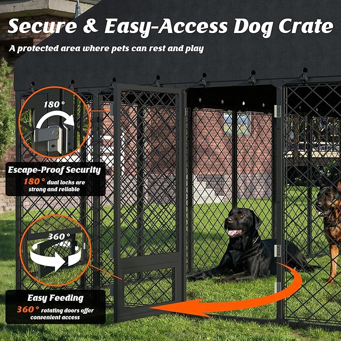 10x14FT Heavy Duty Outdoor Dog Kennel with Roof, Large Metal Dog Enclosure for Big Dogs, Weatherproof Fence Playpen with Double Lock Gate & Feeding Door