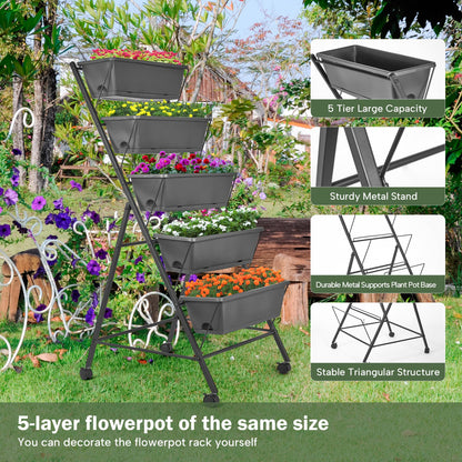GENMOUS 5 Tier Raised Garden Bed Tall 45FT Vertical Elevated Garden Planter Standing Garden Bed Planter Box with Drainage Holes Removable Tray Outdoor Herb Planter Stand on Patio Balcony Porch Black