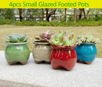 Casktcom 4PCS Handcraft Glazed Succulent Planters，Small Ceramic Succulent Pots with Drainage，Small Pots for Succulents - Mix Color Set