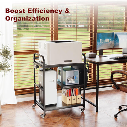 3 Tier Heavy Duty Printer Stand with Storage, Computer Tower Stand with Industrial Wheels & Drawer, Large Mobile Printer Table for Home Office Organization (Obsidian Black)