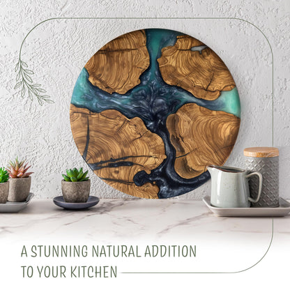 Handmade Olive Wood Round Resin Cheese & Charcuterie Board – Circular Decorative Epoxy Cutting Board with Unique Blue Resin Artwork, Ocean Oasis Design