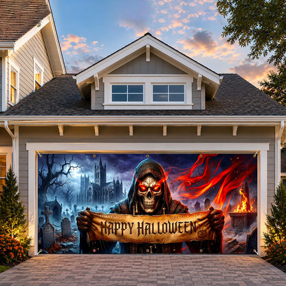 Halloween Garage Door Banner 13x6 FT Outdoor Decoration, Large Spooky Yard Decor Backdrop, Weatherproof Easy Install for Halloween Party (Funny Witch Cat Door Scene, 6 x 13 ft)