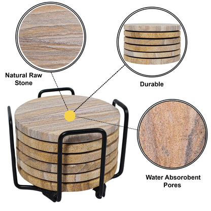 Marbco Sandstone Water Absorbent Hand Crafted Round Coasters for Drinks - 4 Inches Wide Thirsty Stone Bar/Drink Coasters- Made from Rainbow Sandstone (Set of 6 Without Holder)