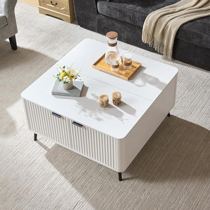 Fatmok Large Lift Top Coffee Table with Hidden Compartment, 35.4" Wide Oversized Square Coffee Table with Storage, Mid Century Modern Fluted Center Table for Home Living Room, White