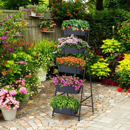 Raised Garden Bed 5 Tier Vertical Planter Standing Herb Garden Elevated Box With Drainage Holes Tall Planters for Outdoor Plants Vegetables Flowers Grey