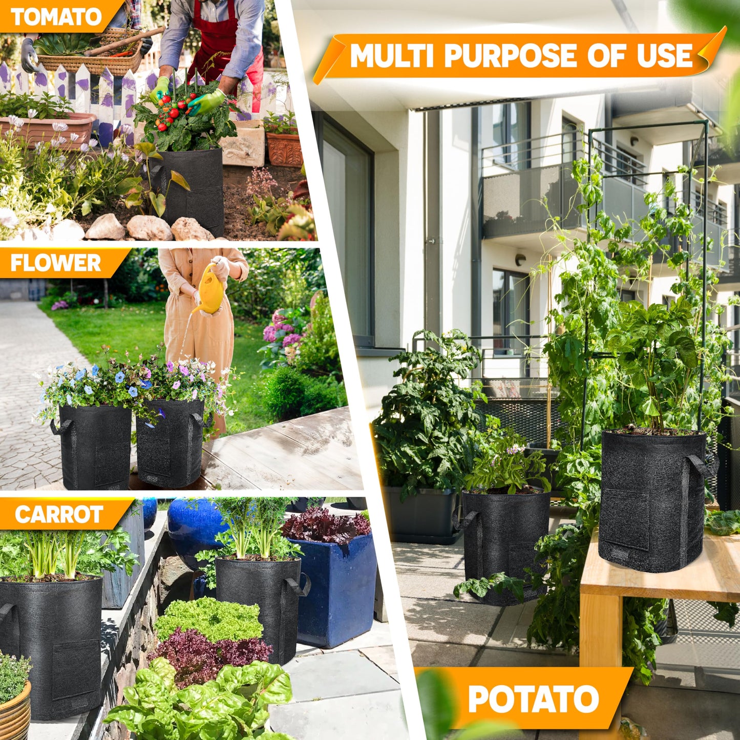 [Upgraded] 4Pcs 15 Gallon Potato Grow Bags with Unique Harvest Window & Visible Window, Non-Woven Planter Pot with Sturdy Handle, Potato Growing Container, Plant Garden Bags to Grow Vegetables, Tomato