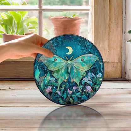 MORDMODUCK Luna Moth Flower Stained Glass Window Hanging, Green Moth Butterfly Suncatchers, Butterfly Wildflower Sun Catchers Indoor Window Glass Wall Art Hanging Decorations, 7.9x7.9in