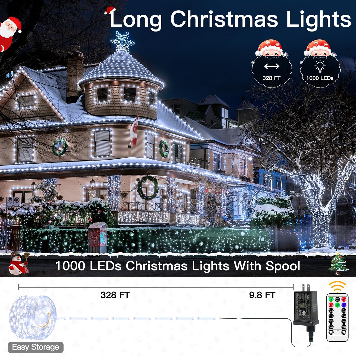 Ccinny Christmas Lights Outdoor, 1000LED 328FT Christmas Tree Lights IP67 Waterproof, Plug in Fairy Lights with Remote 8 Modes Timer, Xmas Light for Outside Indoor House Holiday Decor(Cool White)