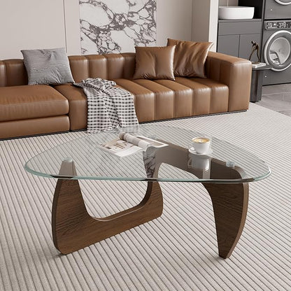 Modern Glass Coffee Table, Triangle Center Table with Tempered Glass Top& Unique Wooden Base, 35.5” Mid Century Tea Tables for Living Room, Apartment, Office,Walnut &Transparent