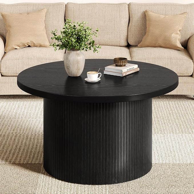 31.5" Round Coffee Table, Mid Century Modern Fluted Tambour Coffee Table, Engineered Wood Small Circle Center Table, Drum Accent Modern Living Room Table, Black