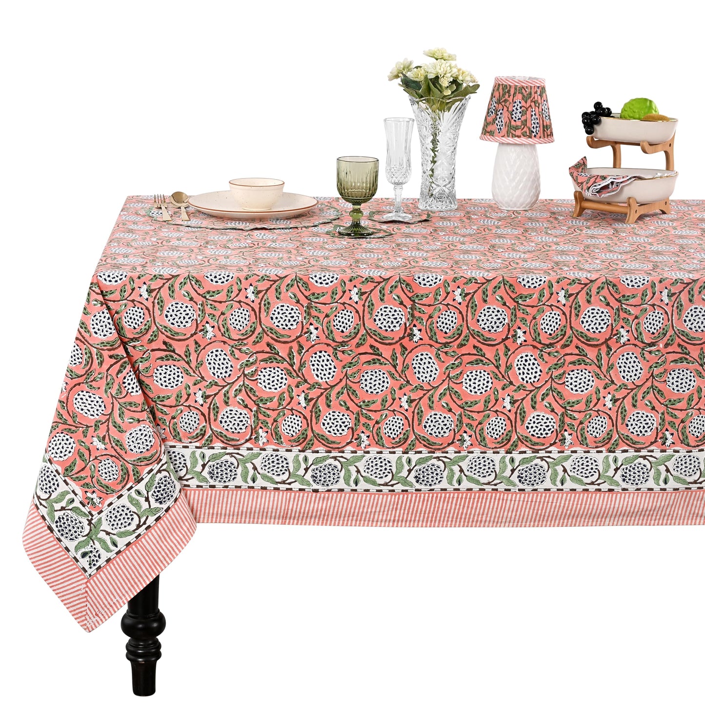 Ridhi Dark Salmon Pink Hand Block Print Cotton Rectangle Tablecloth 60" x 60" inches Reusable Table Cover Decorative Everyday Use for Dining Room, Farmhouse, Home Gift for Spring, Mother's Day