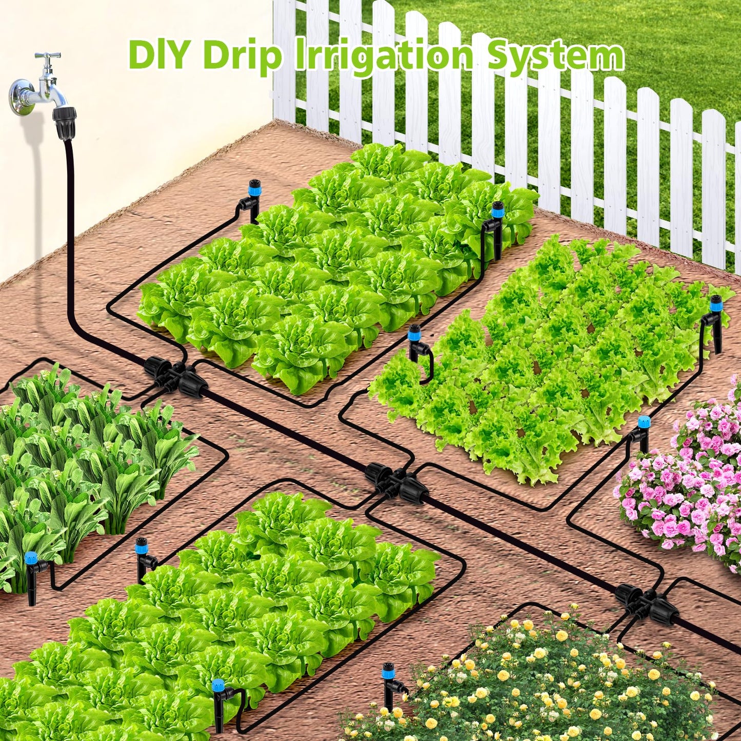 102FT Drip Irrigation System Kit, New Quick-Connect, Automatic Garden Watering Misting System for Greenhouse, Yard, Lawn, Plant with 1/2 inch Hose 1/4 inch Distribution Tubing and Accessories