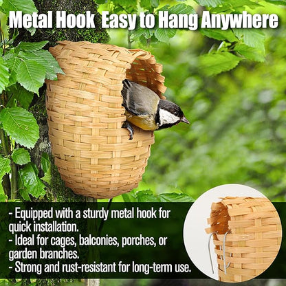 Finch Nests for Cages - Small Bird Nest with Metal Hook, Hand-Woven Box Natural Bamboo Cage Accessories, Hut Toy Hanging Shelter Warm Bird Houses, Handmade Hideout House, Outdoor Balcony Art Crafts
