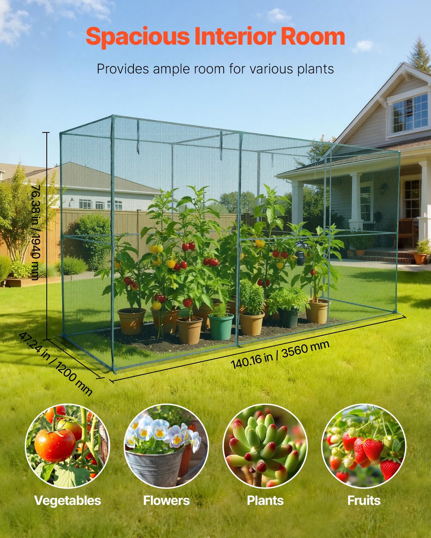 VEVOR Crop Cage, 11.6 x 3.9 x 6.3 ft Plant Protection Tent with Zippered Door, Wind-Resistant Tall Crop Cage, Easy to Install, Outdoor Raised Bed Cover, Tomato Plant Netting for Garden Patio Lawn