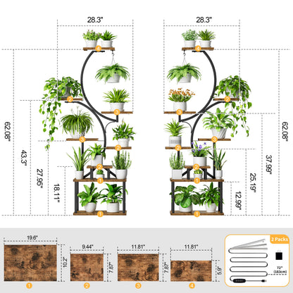 BACEKOLL Plant Stand Indoor with Grow Light - 2 Pack Tall Indoor Plant Shelf, 62" Corner Plant Holder, 8 Tiered Large S-Shape Flower Multiple Display Shelf for Home, Office