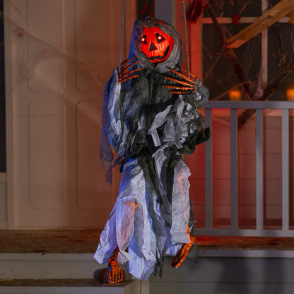 JOYIN 2 Pcs Halloween Hanging Swinging Ghosts Decorations Outdoor, Witch and Pumpkin Face with Lighted Up Eyes, Outside for Yard Patio Lawn Garden Party