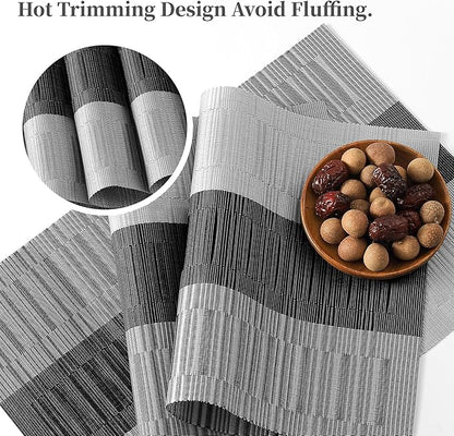 Leetaltree Grey with White Striped Placemats Set of 12 - Heat Resistant Non-Slip Place mats for Dining Table, Washable Durable PVC Vinyl Woven Table Mats（Grey Stripe, 12）