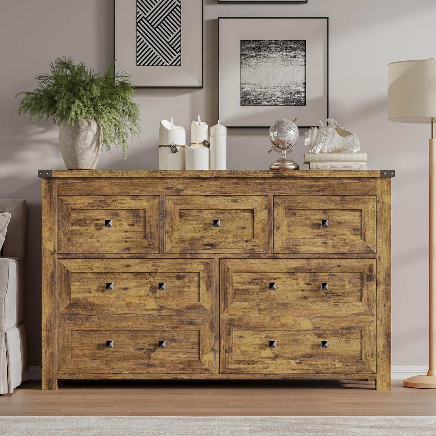 7-Drawer Dresser, Modern Wooden Storage Chest of Drawers, Dresser TV Stand, Wood Drawer Organizer with Metal Handles for Bedroom, Living Room, Hallway
