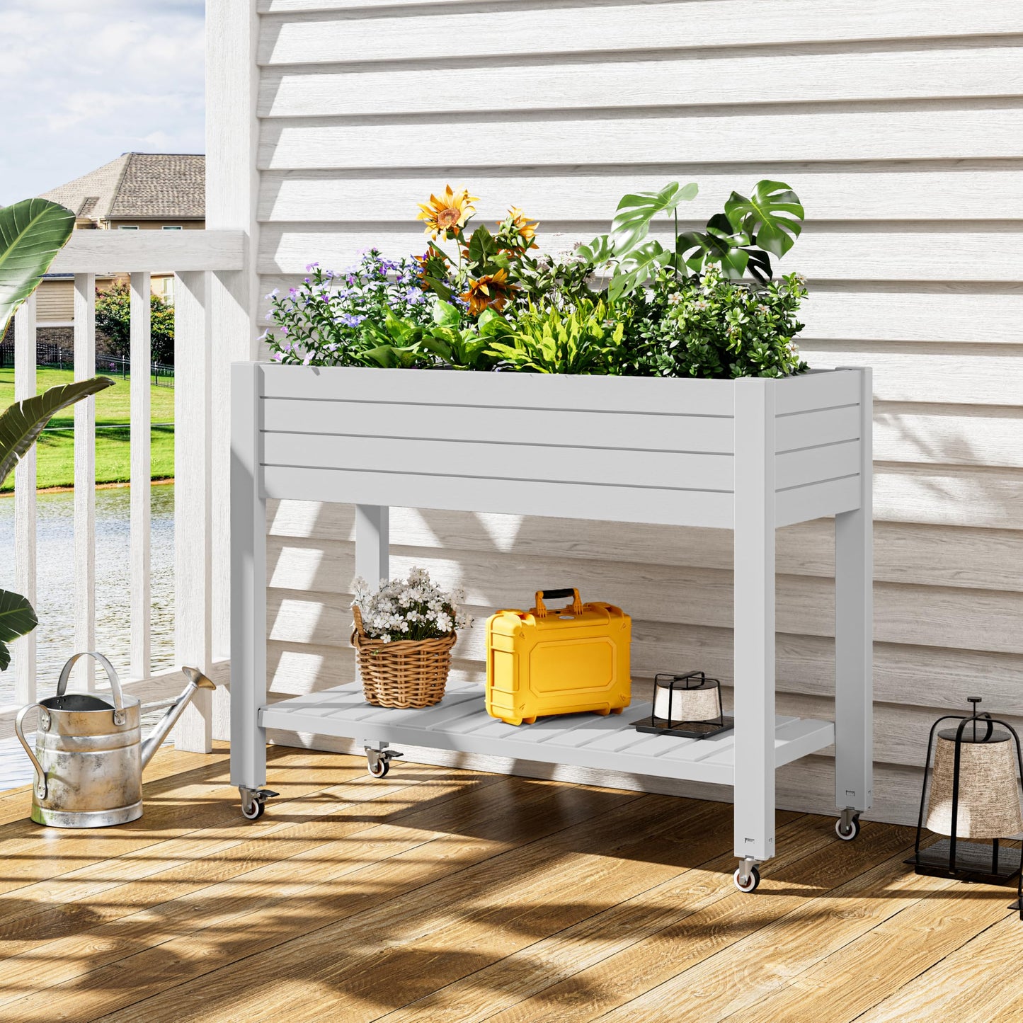 WTFGO Elevate 33.7" Tall Raised Garden Bed with Wheels, Divisible Resin Planter Box with Drainage Gauge & Storage Shelf, Herb Planter for Garden Patio Backyard, Ashen (33.7" h)