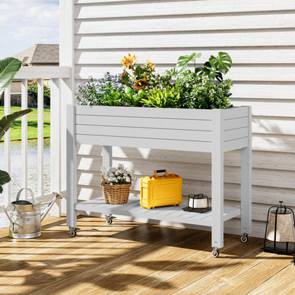 WTFGO Elevate 33.7" Tall Raised Garden Bed with Wheels, Divisible Resin Planter Box with Drainage Gauge & Storage Shelf, Herb Planter for Garden Patio Backyard, Ashen (33.7" h)