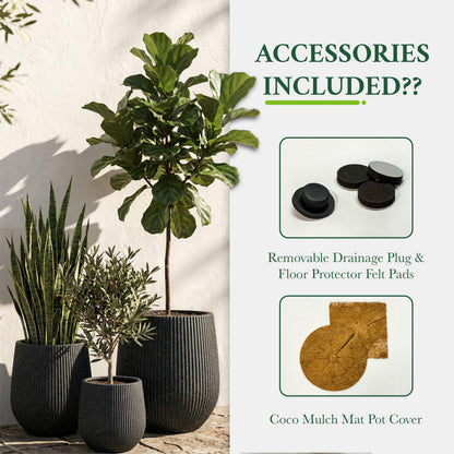 DTY Premium Mt Wilson Tall Tapered Fiberstone Planter for Indoor Outdoor Use, Modern Large Olive Tree Pot with Drainage Hole, 2 Coco Mats. Ribbed Black, Medium 15'' D x 16.7” H. 11.2” Pot Opening