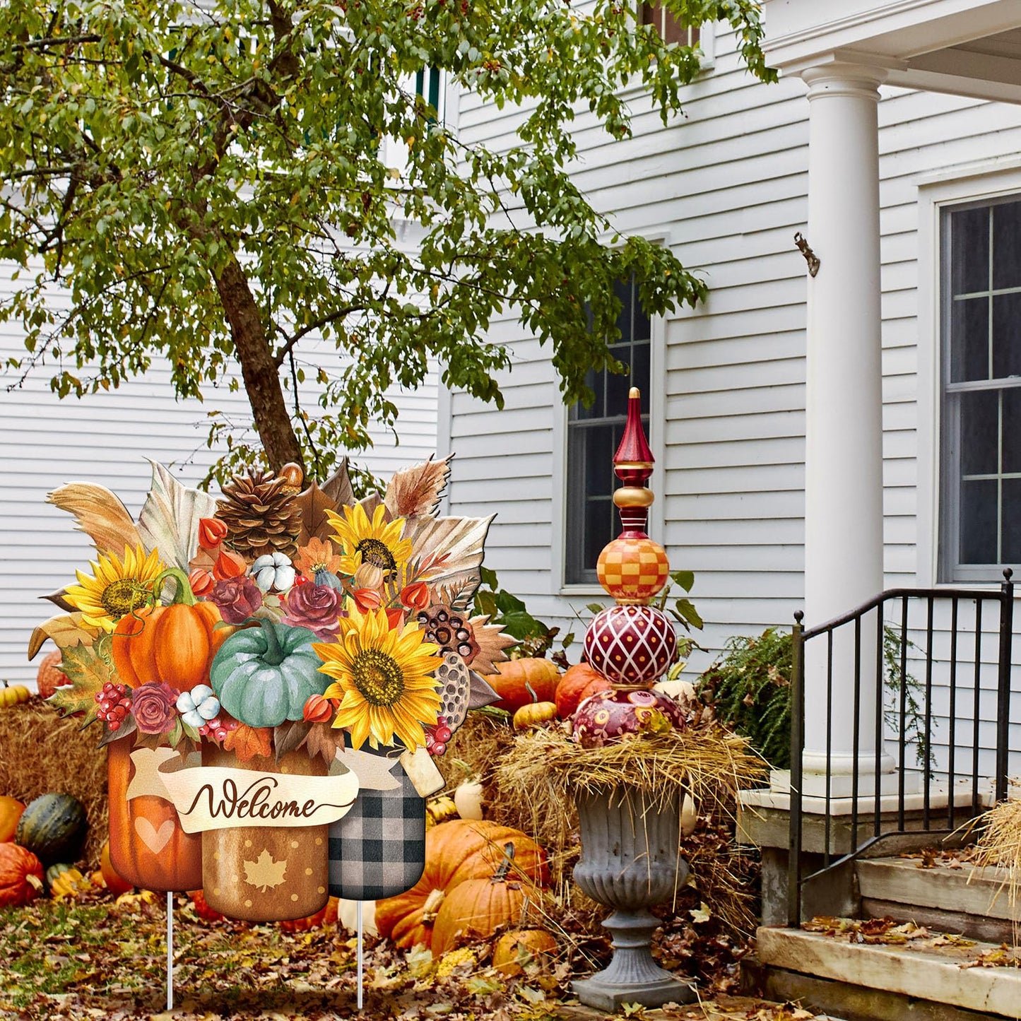 Memorywuu Metal Thanksgiving Decoration Fall Pumpkin Mason Jar Yard Sign Stake 14.2 Inch Autumn Welcome Sunflower Outdoor Yard Decor for Autumn Harvest Outside Lawn Decorations Garden Patio Walkway