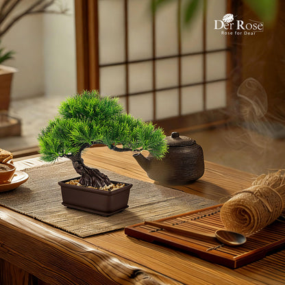 Der Rose 2Pcs Small Fake Plants Artificial Bonsai Tree Set Ficus and Cedar for Office Desk Shelf Room Home Zen Decor Indoor
