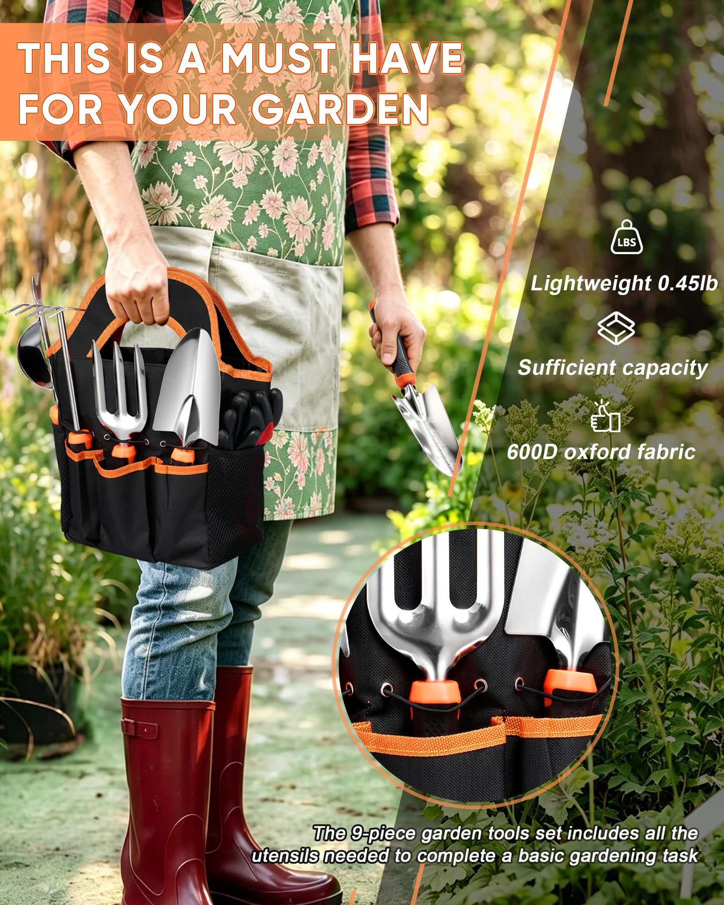 9-Piece Stainless Steel Garden Tools Set, HaSteeL Outdoors Gardening Hand Utensils Kit with Storage Bag, Rust Resistant, Heavy Duty, Gift for Women/Man/Gardeners
