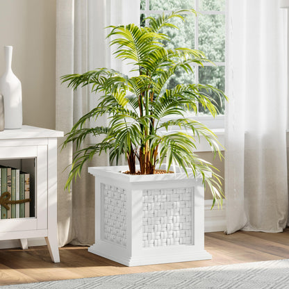 Rattan Style Outdoor Planter Box - 14.65-Inch-Square Decorative Flower or Plant Pot - Garden, Patio and Front Porch Decor by Pure Garden (White)