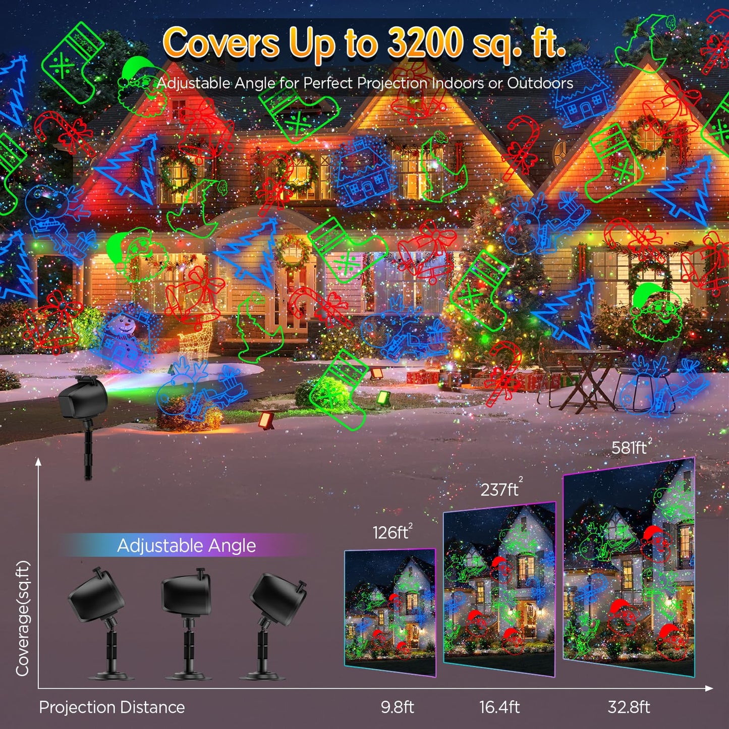 Christmas Lights Projector Outdoor, 2-in-1 Holiday Light Projector with 4 Slides & 8 Brighter HD Patterns, Moving RGB Firefly Effects Light for Christmas Decorations, Halloween, Yard & Garden