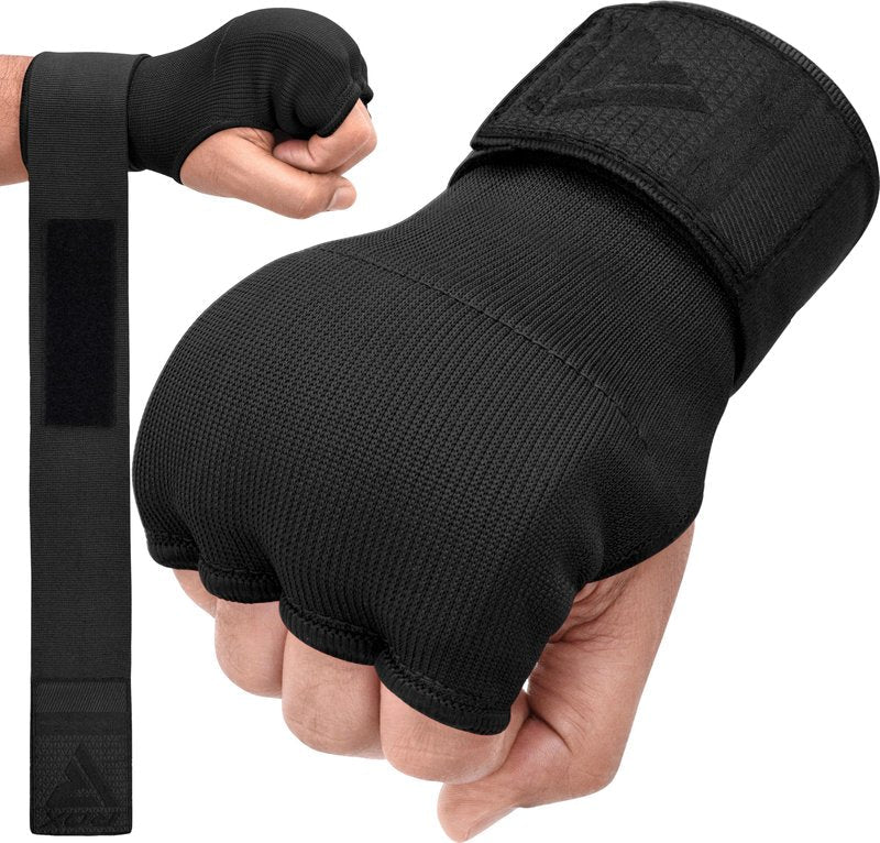 RDX Gel Boxing Hand Wraps Inner Gloves Men Women, Quick 100cm Long Wrist Straps, Elasticated Padded Fist Under Mitts Protection, Muay Thai MMA Kickboxing Martial Arts (Full Black, M)