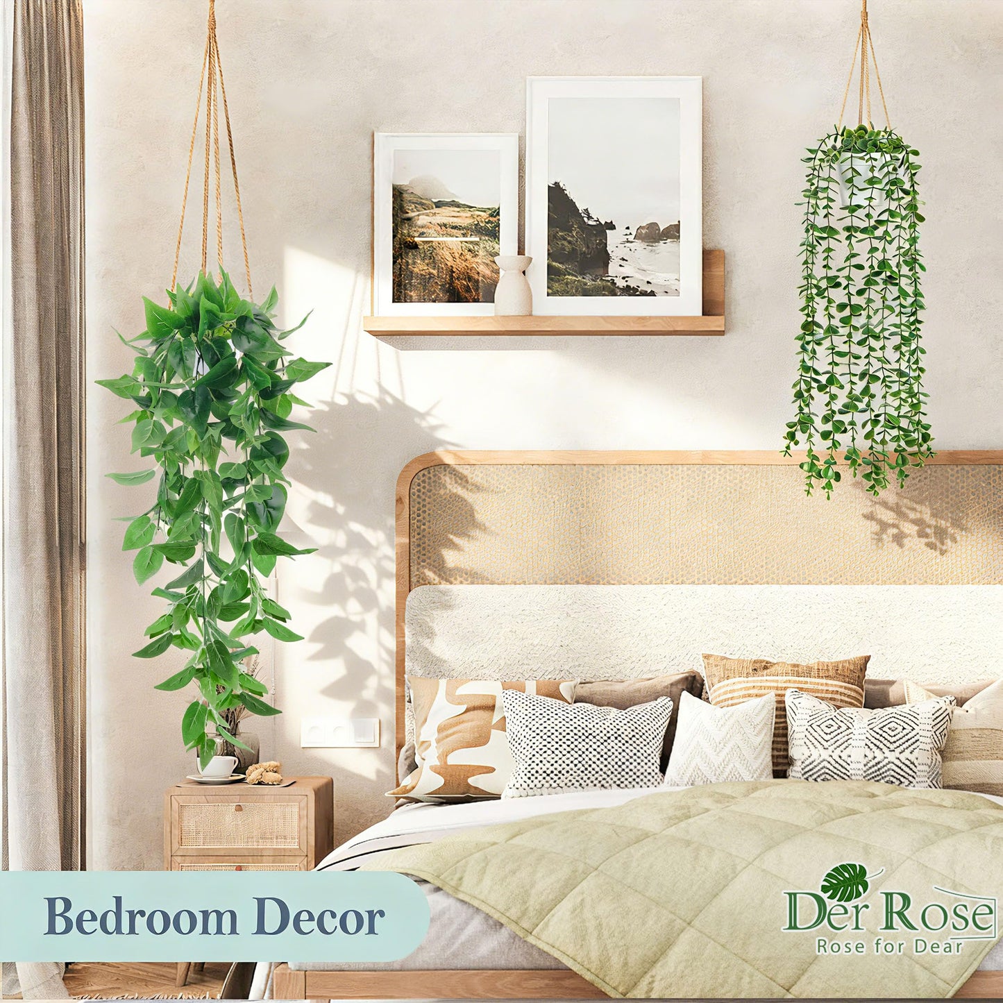 Der Rose 4Pcs Fake Plants Hanging Artificial Ivy Vine Faux Eucalyptus Hanging Plants, Boston Fern, String of Pearls for Living Room Bedroom Boho Wall Shelf Indoor Outdoor Decor (White Pots)