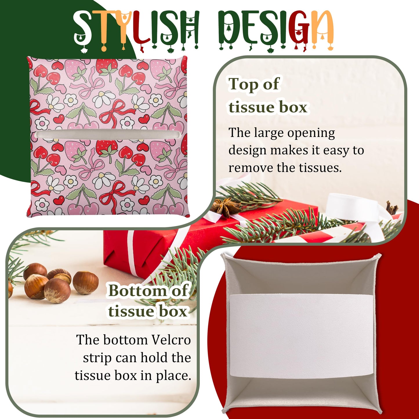 Modern Square Leather Tissue Box Cover/Case Holder Gifts for Women Family and Friends, Decorative Holder/Organizer for Bathroom Kitchen Nightstand Office Home (Red Bow Strawberry)