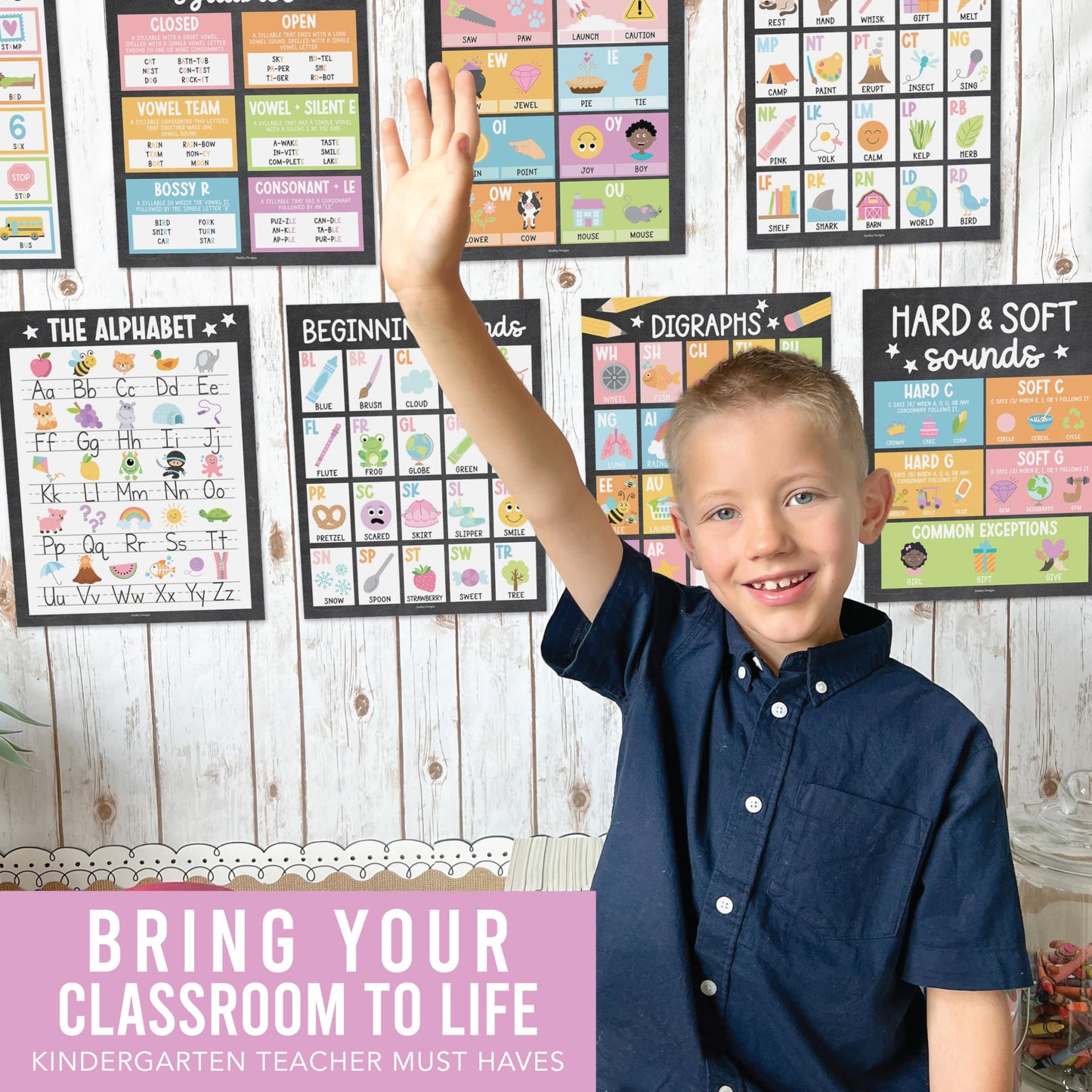 Hadley Designs Phonics Posters for Classroom Must Haves - 9 Sound Wall for Kindergarten & Elementary Teacher Supplies, Syllable, Vowels, Digraphs & Blends Bulletin Board Set, Chalkboard Classrom Decor