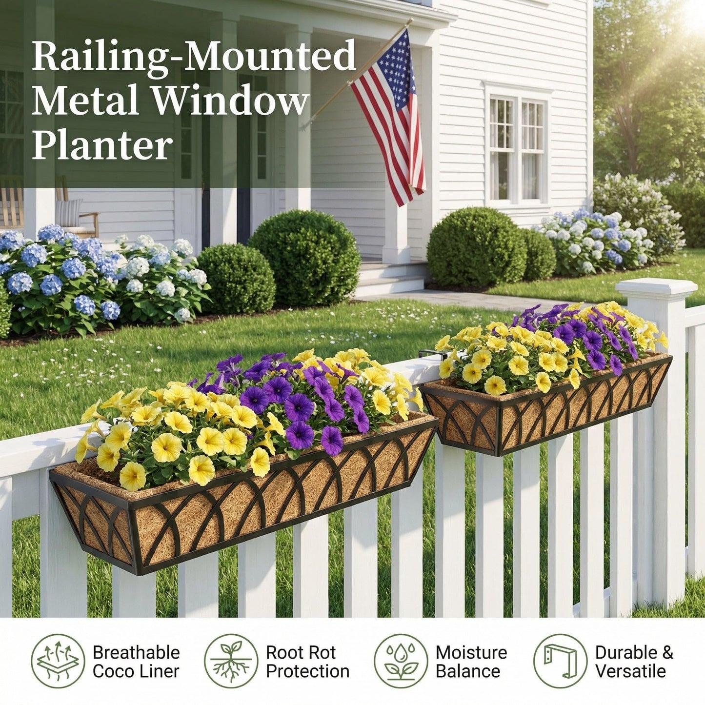 LAWYAMAI 30 Inch 4 Pack Railing Planter with Adjustable Brackets, Window Box with Coco Liner, Hanging Metal Flower Box for Balcony Deck Fence Porch, Black