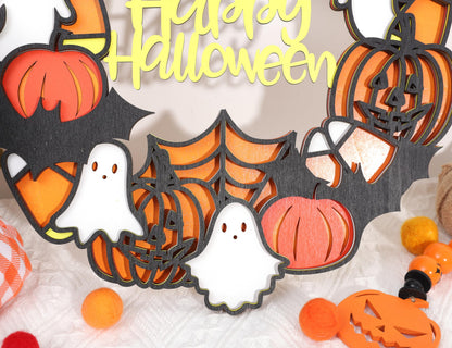 Happy Halloween Wooden Hanging Sign - Halloween Party Decorations, Halloween Ghost Sign, Bat Ghost Pumpkin Wreath, Halloween Garland, Wooden Wreath Wall Hanging Decor(HALLOWEEN SIGN)