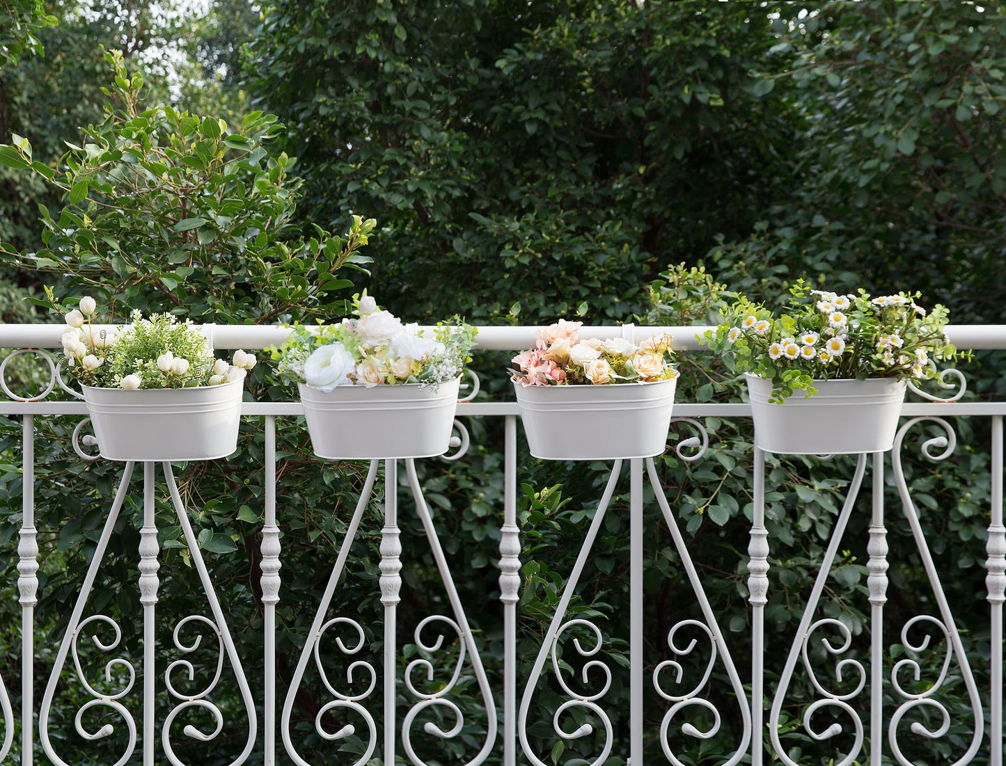 Dahey 10.5 Inch Metal Iron Hanging Flower Pots for Railing Fence Hanging Bucket Pots Countryside Style Outdoor Planter Window Flower Plant Holder with Detachable Hooks Home Decor,White,4 Pcs