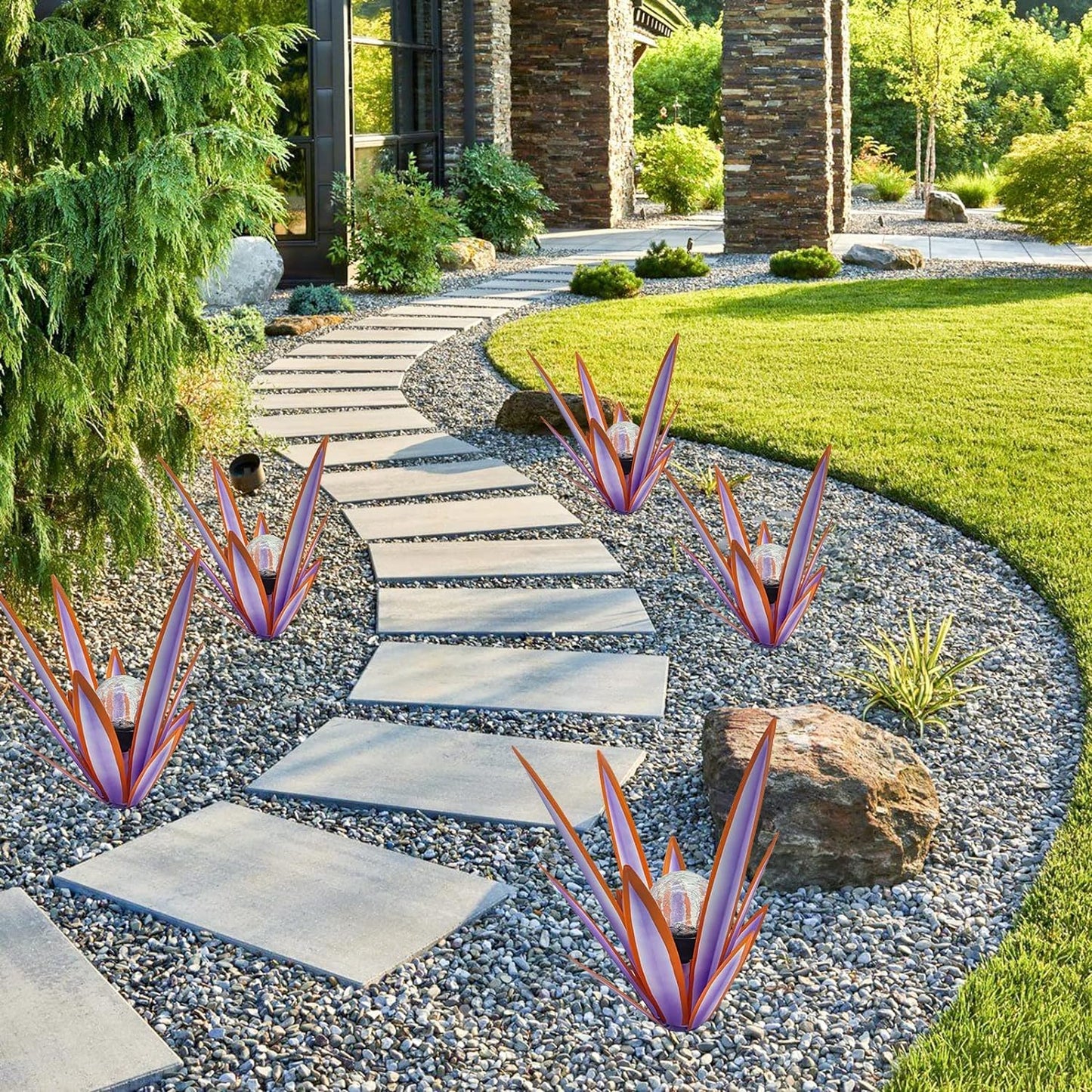 LCJECV Metal Agave Plant Garden Art, 2 Pack Tequila Rustic Sculpture, Rustic Metal Agave Plants Garden Lawn Home Ornaments, for Yard Stakes, Garden Figurines, Outdoor Patio (2 PCS Purple with Light)