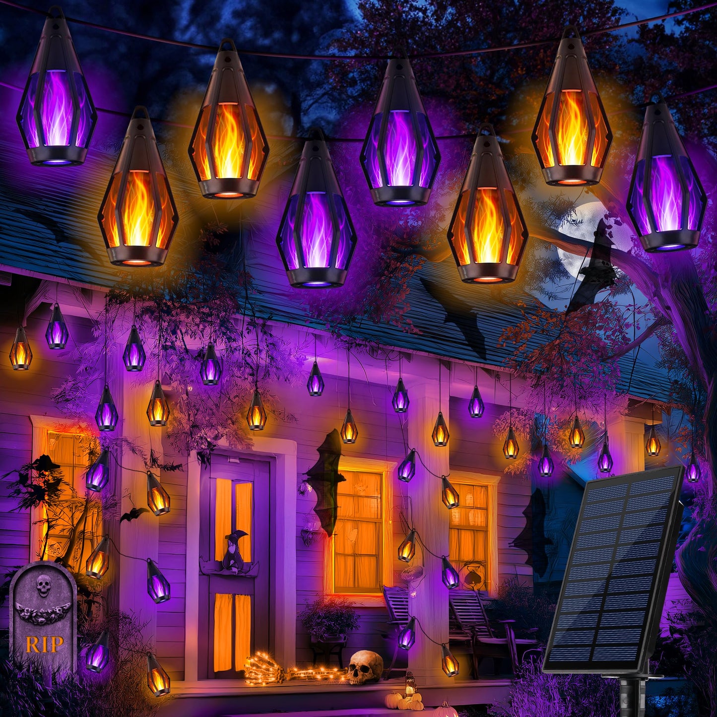 iBaycon Solar Halloween Lights, 27Ft 10 LED Bulbs Flickering Flame String Light, Outdoor Waterproof Solar Flame Lights for Garden Yard Patio Halloween Decorations (Warm White + Purple)