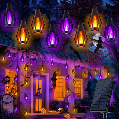 iBaycon Solar Halloween Lights, 27Ft 10 LED Bulbs Flickering Flame String Light, Outdoor Waterproof Solar Flame Lights for Garden Yard Patio Halloween Decorations (Warm White + Purple)