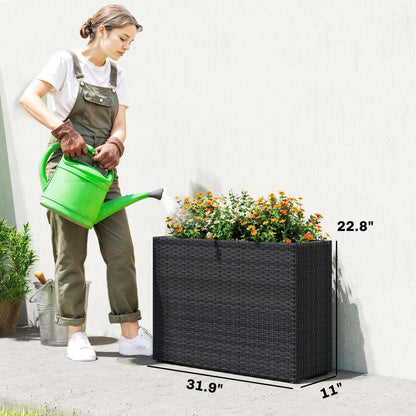Outsunny Tall Rectangular Planter with Removable Liner, PE Wicker Large Planters for Outdoor Plants, Freestanding Indoor Outdoor Planter Box with Drainage Holes for Flowers, Vegetables, Black
