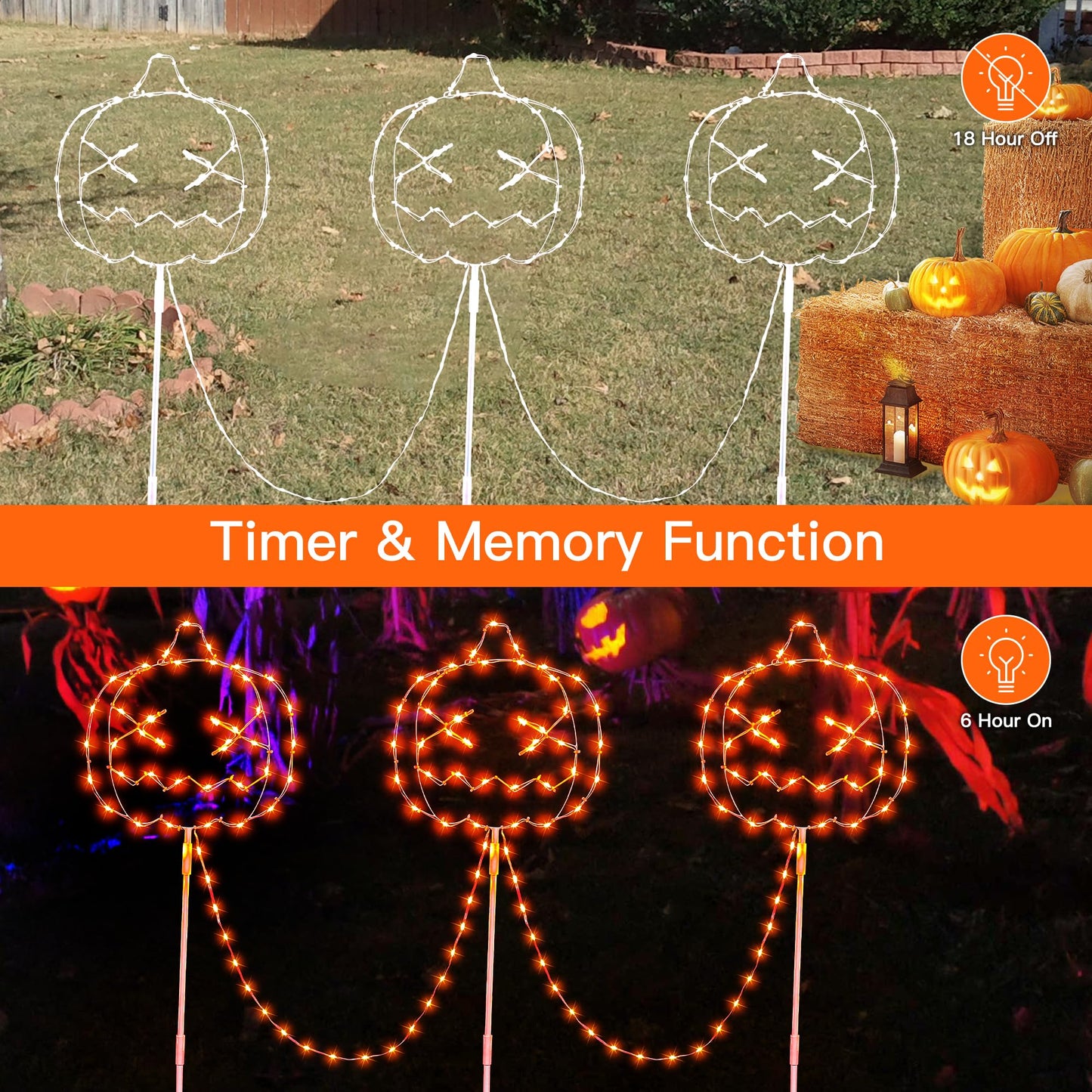 YOUNGAR Halloween Pumpkins Outdoor Lights,3 Pack LED Pumpkin Walkway Lights,Orange Garden Stake String Lights with Timer Memory and 8 Modes for Halloween Party Porch Yard Pathway Decor